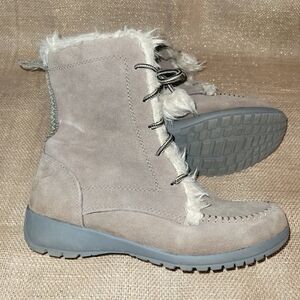 Women's Sz 7 Brown/ Tan  Sporto Lace Up Mid Calf Boots Leather/ Faux Fur Lining